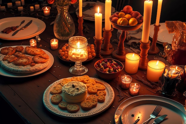 Decorated table with candles and appetizers for special birthday party