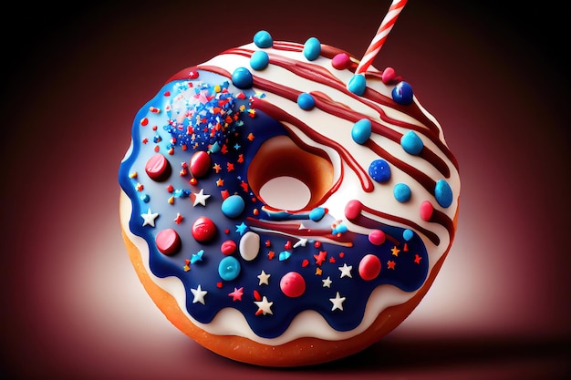 Decorated tasty donut with waving american flag Generative Ai