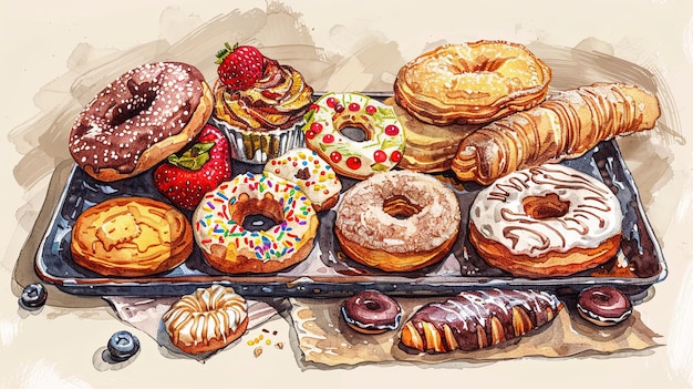 A decorated tray with assorted pastries donuts and cookies ideal for cafes restaurants and bakeries