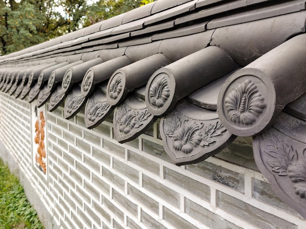 Decorated wall of a Korean religious temple in perspective