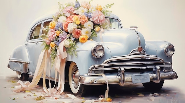 Decorated Wedding Car with Ribbons oil painting