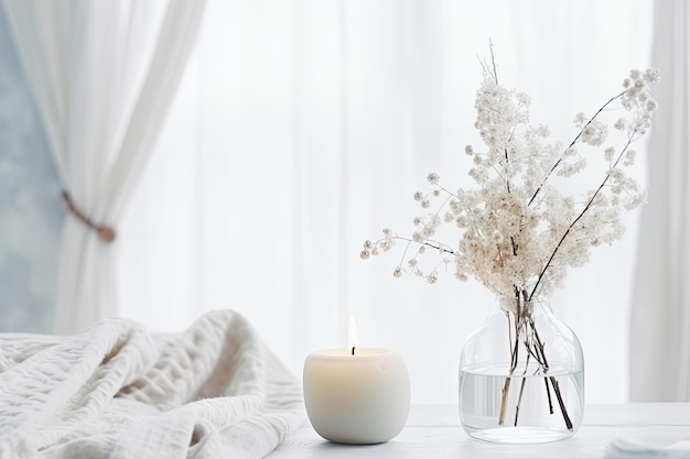 Decorated white room with lit handmade candle and bouquet