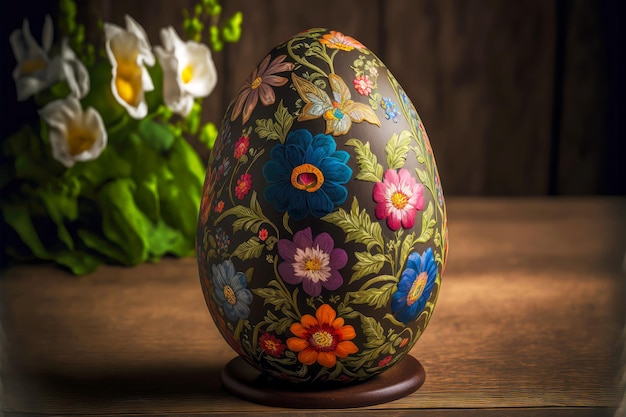 Decorated with colorful floral patterns easter egg on wooden table