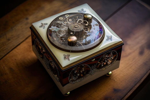 Decorated with crystals music box needle bed on wooden table created with generative ai