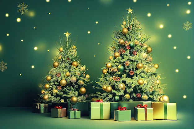 Decorated with decorations and lights Christmas tree  3d rendering. Raster illustration.