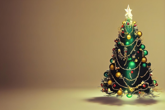 Decorated with decorations and lights Christmas tree  3d rendering. Raster illustration.