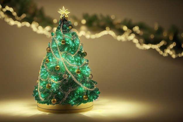 Decorated with decorations and lights Christmas tree  3d rendering. Raster illustration.