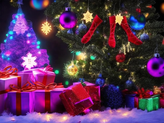 Decorated with ornaments and lights Christmas tree on lights background Merry Christmas and Happy H