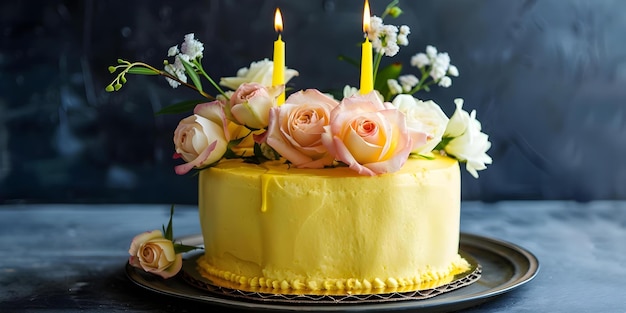 Photo decorated yellow cake with three candles flower toppings brown sides and white roses concept yellow cake decoration candle trio flower toppings brown icing white roses