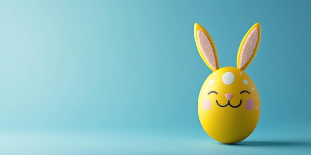 decorated yellow Easter egg with smile on face and bunny ears on blue background banner copy space