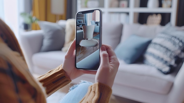 Decorating Apartment Woman Holding Smartphone using Augmented Reality Interior Desig Generative AI