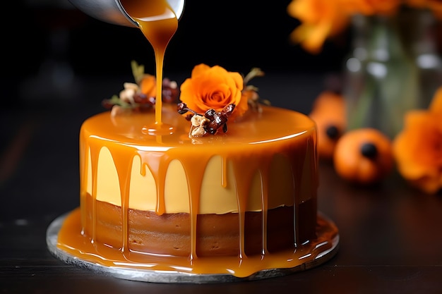 Decorating process of pumpkin cheesecake