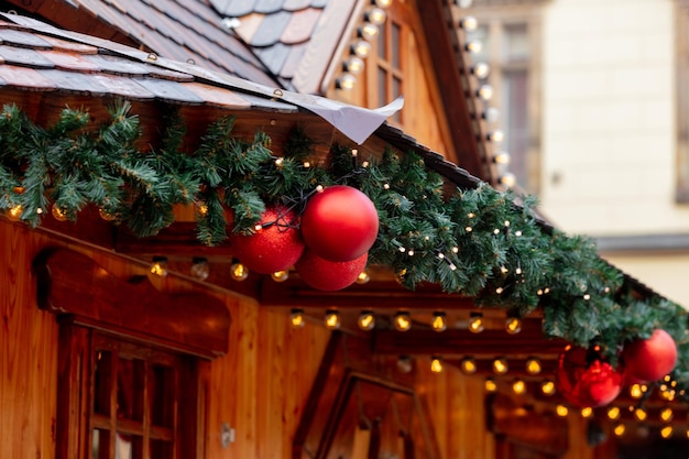 Decoration of Christmas fair houses in old town market of Wroclaw, Poland in 2021