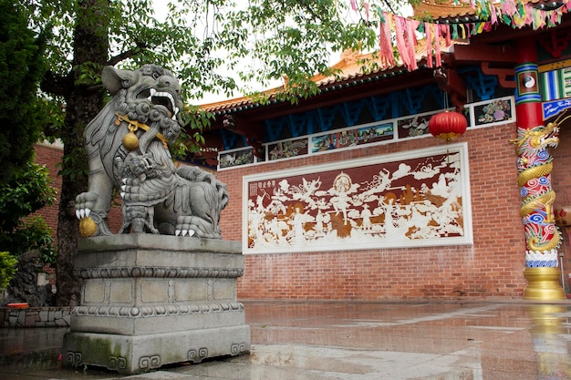 Decoration furniture and interior design chinese style of Tiantan temple for people travel visit and respect pray at Shantou or Swatow on May 7 2018 in Chaozhou China