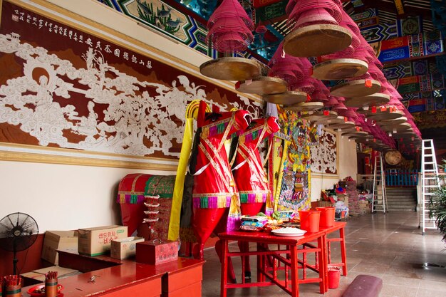 Decoration furniture and sacrificial offerings for chinese people pray god and memorial to ancestor in Tiantan temple at Shantou or Swatow on May 7 2018 in Chaozhou China