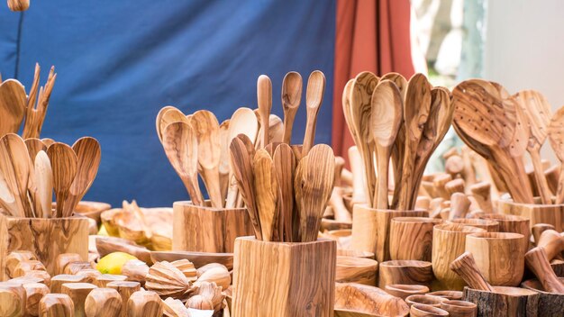 Decoration, kitchen utensils made of wood handcrafted, healthy lifestyle and balanced