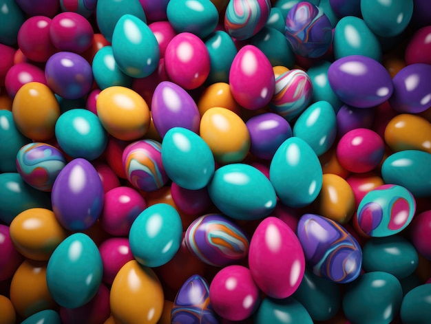 Decoration of many colorful Easter eggs as background in top view