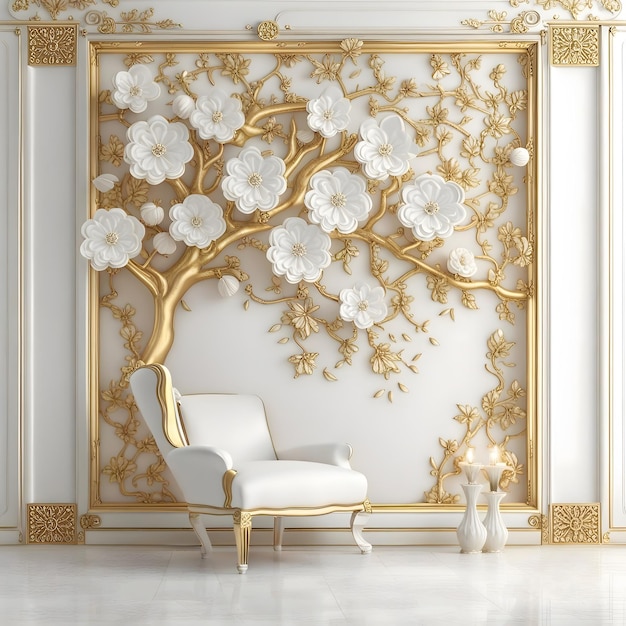 Decoration panel wall frame floral gold and white luxury