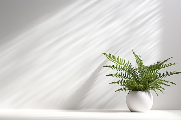 Decoration of a Small Boston Fern Plant in Pot on White Wall in Bright Day