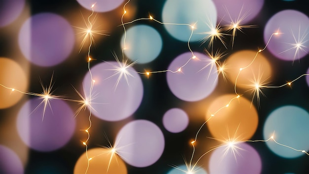 Photo decoration twinkle lights background abstract blurred backdrop with circlesmodern design wallpaper with sparkling glimmers purple blue and golden backdrop glittering sparks with glow effect