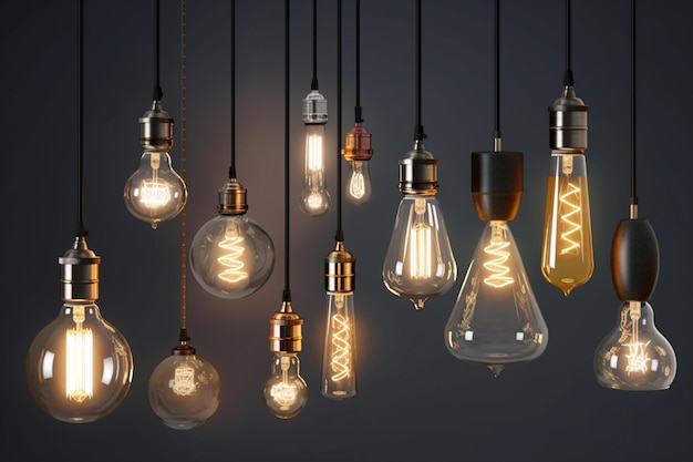 Decorative antique Edison style light bulbs different shapes of retro lamps on dark background Cafe or restaurant decoration details Set of vintage glowing light bulbs loft interior AI generated