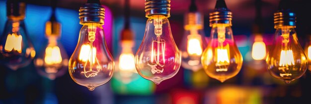 Decorative antique light bulbs in a row with bokeh and colorful style Generative AI