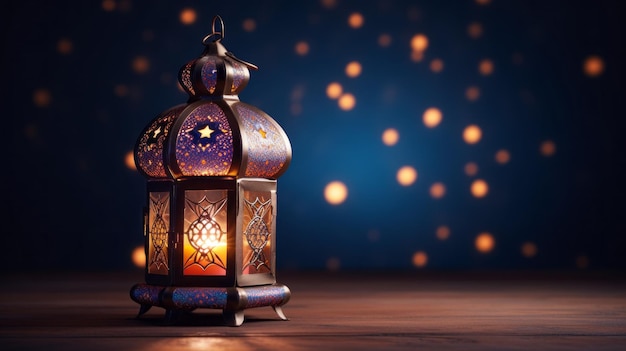 Decorative Arabic lantern with a burning candle on a blue background with a copy space Festive greeting card the Holy month of Ramadan Kareem Culture Religion Islam Iftar Muslim Holiday