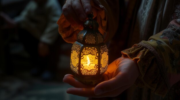 Decorative Arabic lantern with burning candle glowing in hand