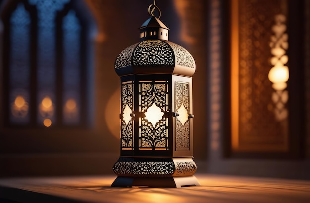 decorative Arabic lantern with burning candle glowing in mosque Muslim holy month of Ramadan Kareem