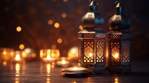 Decorative Arabic lanterns with a burning candle on a dark background with lights copy space Festive card the Holy month of Ramadan Kareem Culture Religion Islam Iftar Muslim Holiday concepts