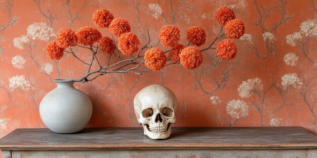 Photo a decorative arrangement featuring a skull and vibrant floral elements against a textured wall