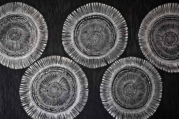 Photo a decorative arrangement of five intricately designed black and white plates on a textured background