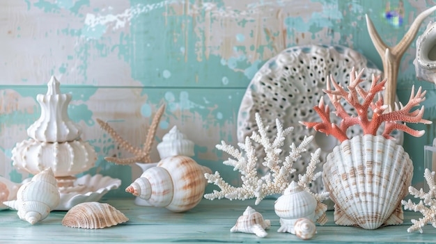 A decorative arrangement of seashells and coral on a coastalthemed table with a background of