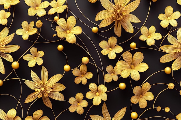 Decorative background with metallic flowers made of filigree gold wire on black 3D illustration