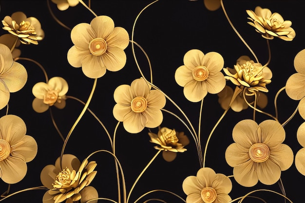 Decorative background with metallic flowers made of filigree gold wire on black 3D illustration