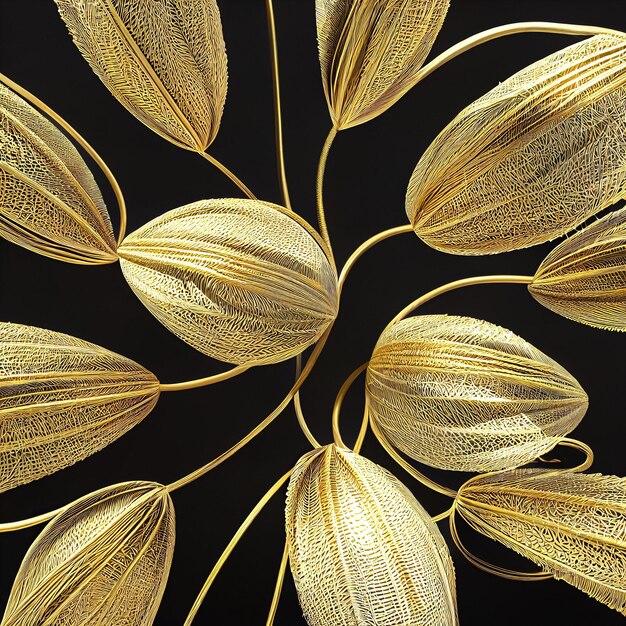 Decorative background with metallic flowers made of filigree gold wire on black