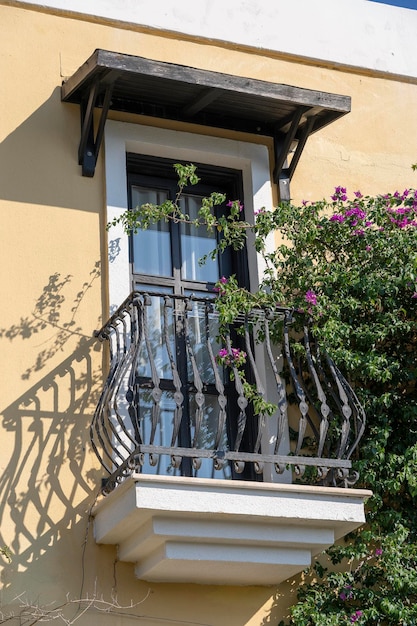 Decorative balcony of a house and flower tree on the wall in Turkey