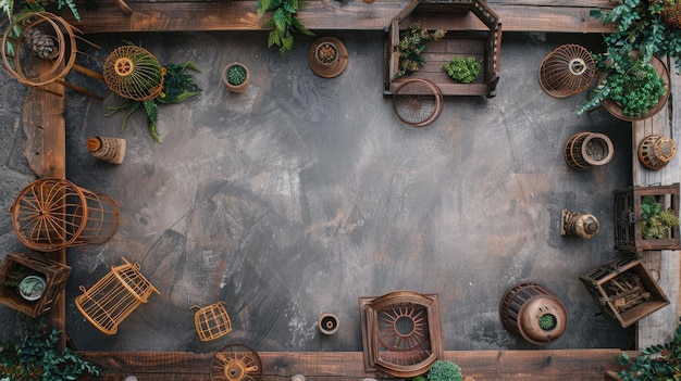 Decorative birdcages and cloches on distressed potting table