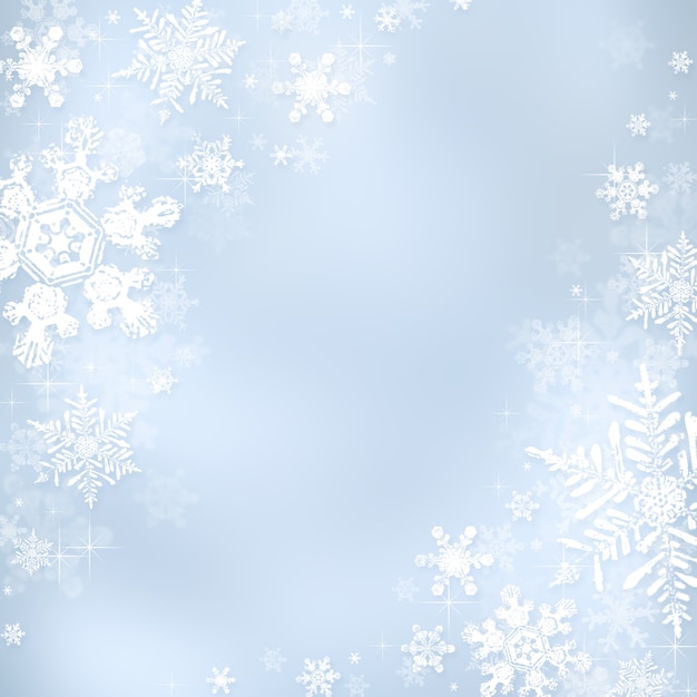 Decorative blue christmas background with bokeh lights and snowflakes