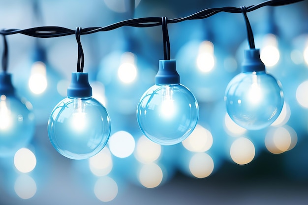 Decorative blue string lights glowing softly during a festive evening gathering outdoors