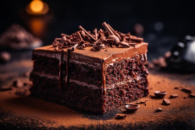 Decorative cake slice with chocolate powder on kitchen counter