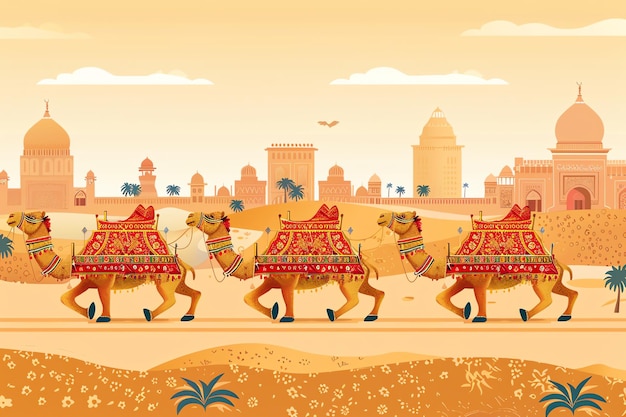 Decorative camel carts in a desert setting background