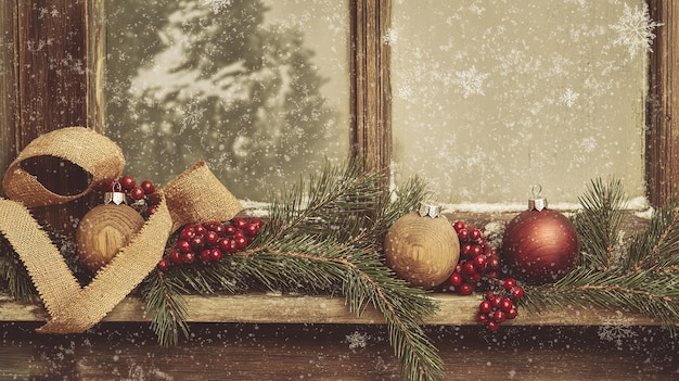 Photo decorative christmas window display featuring ornaments and greenery during a snowy winter evening