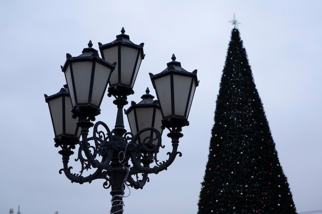 Decorative city lamps and Christmas tree