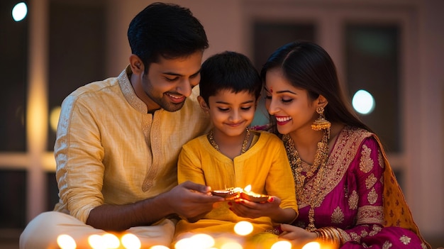 Decorative clay lamps illuminate a festive table during Diwali celebrations at night