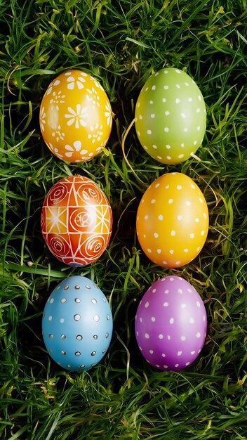 Decorative colored eggs on grass for easter day