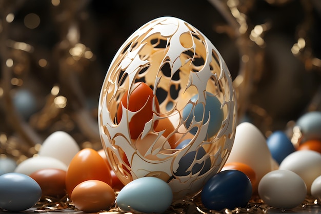 decorative composition of colored chicken eggs creative art