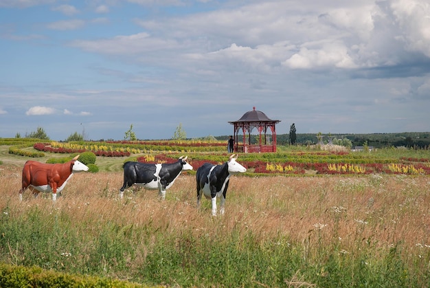 Decorative cows in the park on a summer day