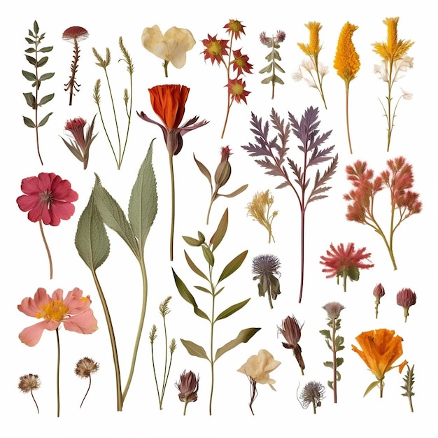 Decorative Design Elements for Gardening Weddings or Herbarium Isolated on Transparent Background Generative AI