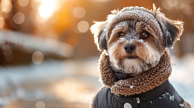 Photo a decorative dog in a snowsuit on a paved sidewalk on a sunny winter day looking stylish and warm